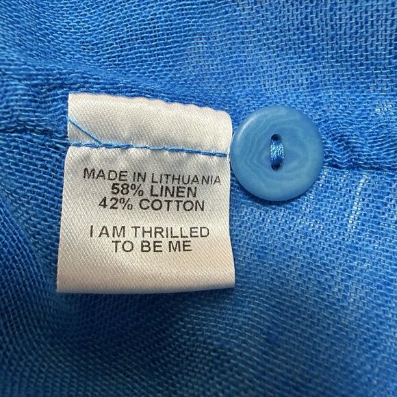 FLAX Tunic Blouse Top Large Linen Cotton Button Up Lagenlook Bright Blue Coastal - Picture 10 of 11